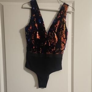 Nasty Gal Black and Multicolor Sequin Bodysuit